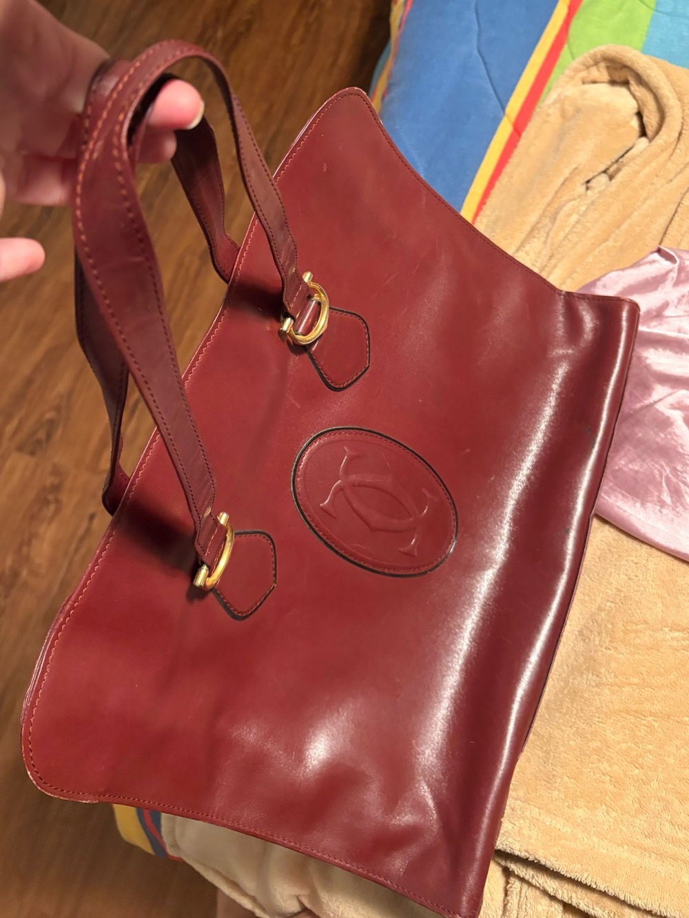 Vintage 1970s Les Must de Cartier Bordeaux Leather Tote Bag Double C Paris - Picture 3 of 11